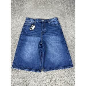 BoohooMAN Denim Shorts Mens 36 Blue Mid Wash Tall Relaxed Fit Jorts Big & Tall